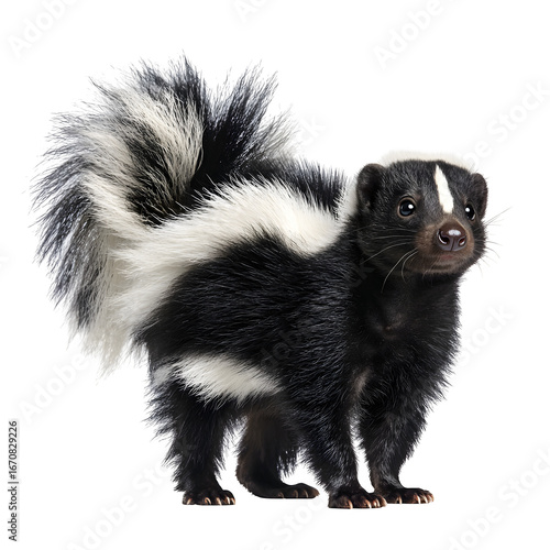 A curious skunk with a bushy tail stands alert against a white background, showcasing its distinctive black and white markings.