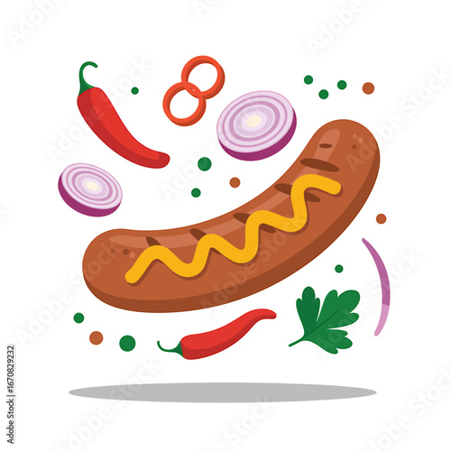 Delicious sausage with mustard and vegetables floating on a white background creating a vibrant food illustration showcasing freshness and flavor
