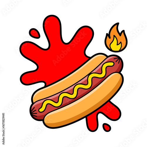 Cartoon Hot Dog with Ketchup Splash and Flame Graphic Illustration Food Design Fun and Vibrant Fast Food Image