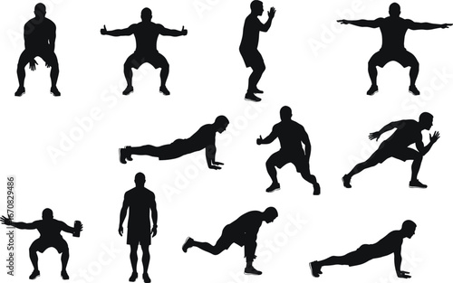 Dynamic fitness silhouette set, bodyweight exercise poses, black vector illustration, squats, lunges, push-ups, jumping jacks, workout form