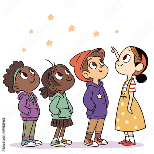 Four diverse cartoon children looking up at stars in wonder and curiosity together