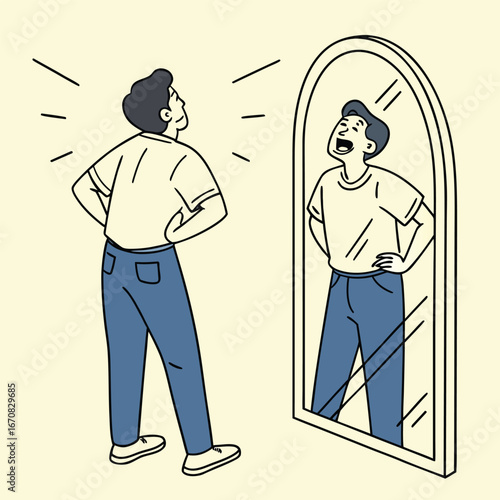 Man looking at his reflection in a mirror with a shocked expression