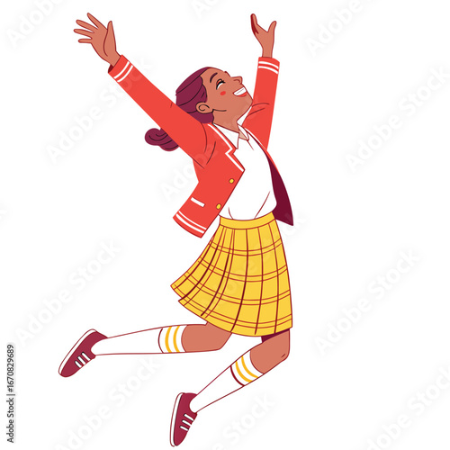 A young girl jumping up in the air with her arms raised in joy and excitement