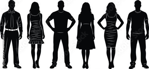 Standing people silhouette set, male and female figures, casual and formal attire, black vector design, fashion pose illustration collection