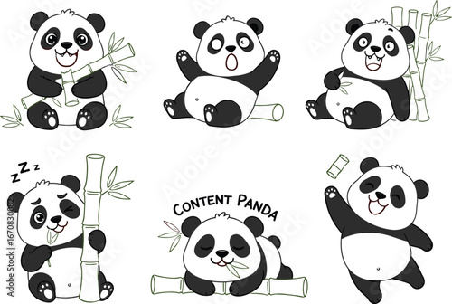 Playful panda with bamboo, cartoon animal poses, cute wildlife vector set, sleeping and chewing panda, expressive design, nature-themed illustration