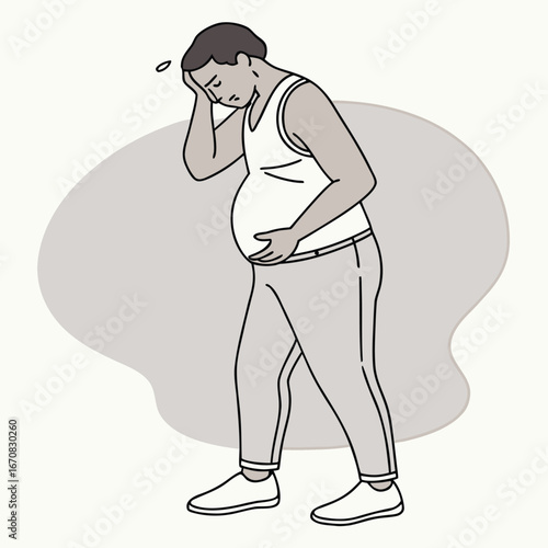 man feeling unwell with hand on stomach and forehead in pain