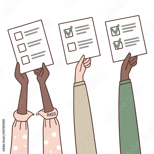 Diverse people holding up papers with checkmarks and checkboxes in a voting or survey concept