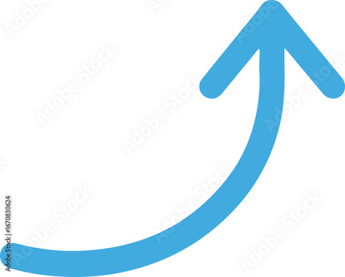 blue looping upward arrow icon, curved growth trajectory symbol pointing top right on white