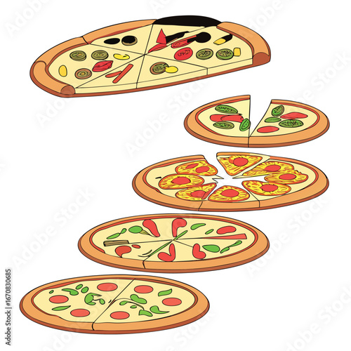 A variety of delicious pizzas with different toppings and slices arranged
