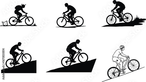 Cyclist silhouette terrain set, biking vector icons, uphill and downhill graphic, outdoor sport illustration, black design, helmet rider