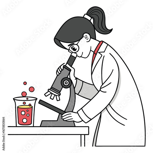 Female scientist examining specimen under microscope in laboratory setting with beaker