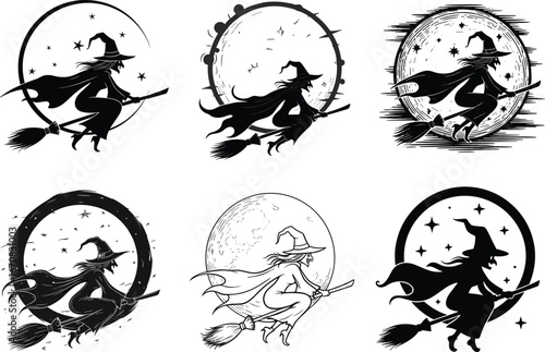 Flying witch silhouette set, Halloween vector icons, moon background graphic, fantasy theme, night sky illustration, black design, magical poses