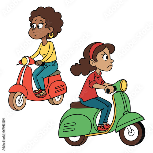 Two young girls riding scooters side by side in different colored vehicles