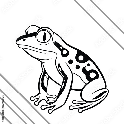 A black and white illustration of a frog with spots and large eyes