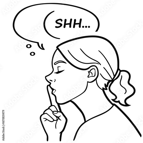 Woman telling someone to be quiet with finger on lips and speech bubble
