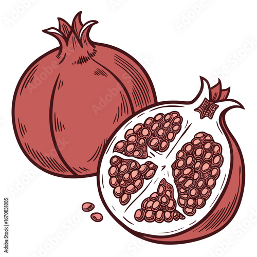 A whole pomegranate and a halved pomegranate with seeds on a white background