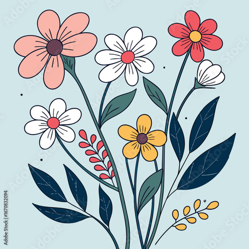 A colorful bouquet of flowers with green leaves on a light blue background