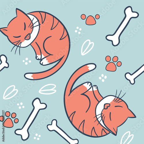 Two adorable orange cats sleeping surrounded by bones and paw prints on blue background