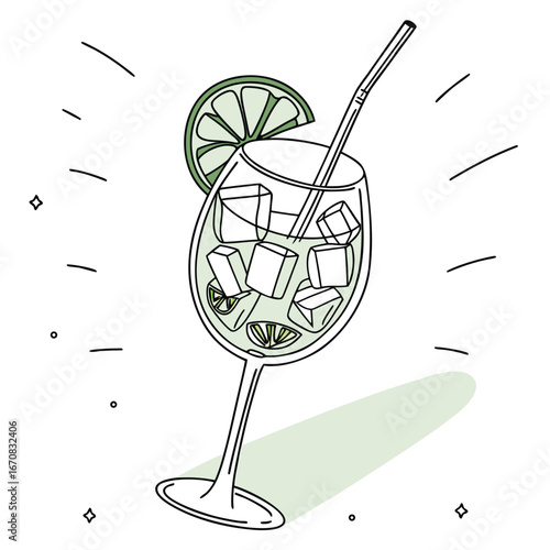 A refreshing glass of mojito cocktail with lime and ice cubes illustration
