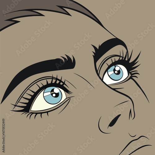 A close up of a woman s face showing her blue eyes and eyebrows