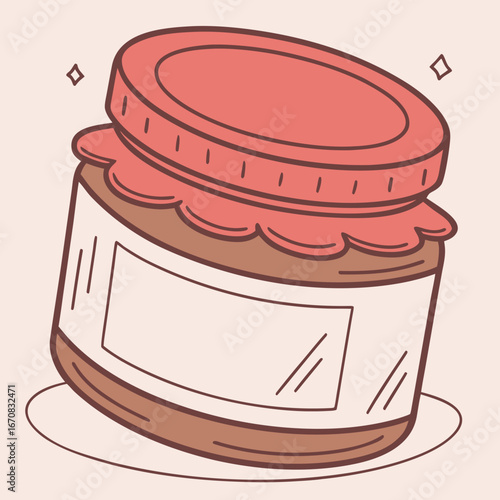 A cartoon illustration of a jar with a red lid and white label