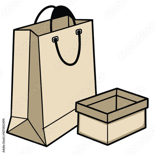 Brown paper shopping bag and matching gift box on white background