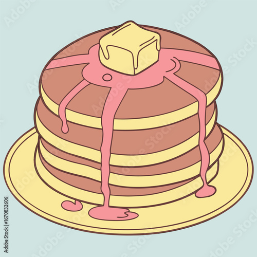 A stack of pancakes with butter and syrup on top of a plate