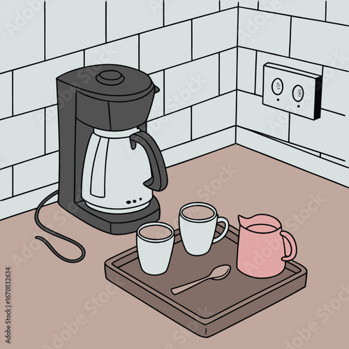 A coffee maker with cups and a milk jug on a tray in a kitchen