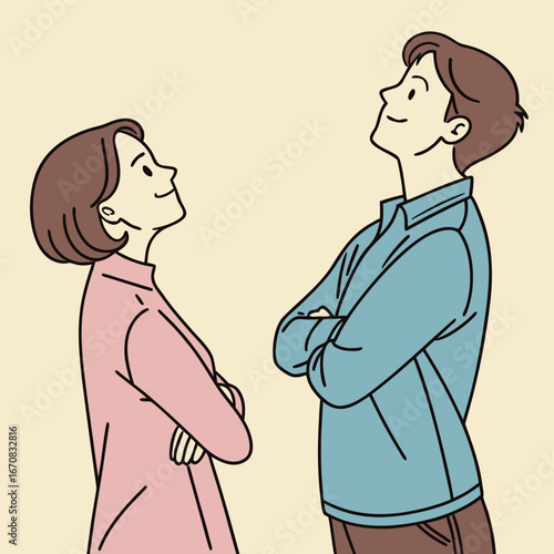 a cartoon man and woman standing and looking up with arms crossed smiling