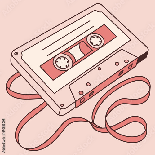 A pink cassette tape with a white label and red ribbon on pastel background