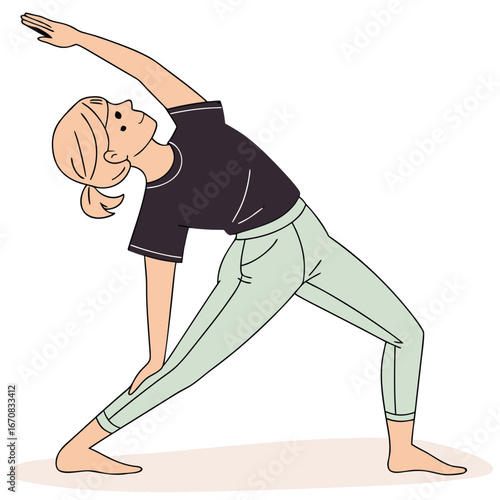 Woman in a yoga pose with one arm raised and legs apart