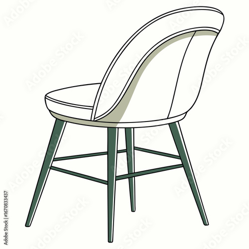 A white upholstered chair with green metal legs and a curved backrest