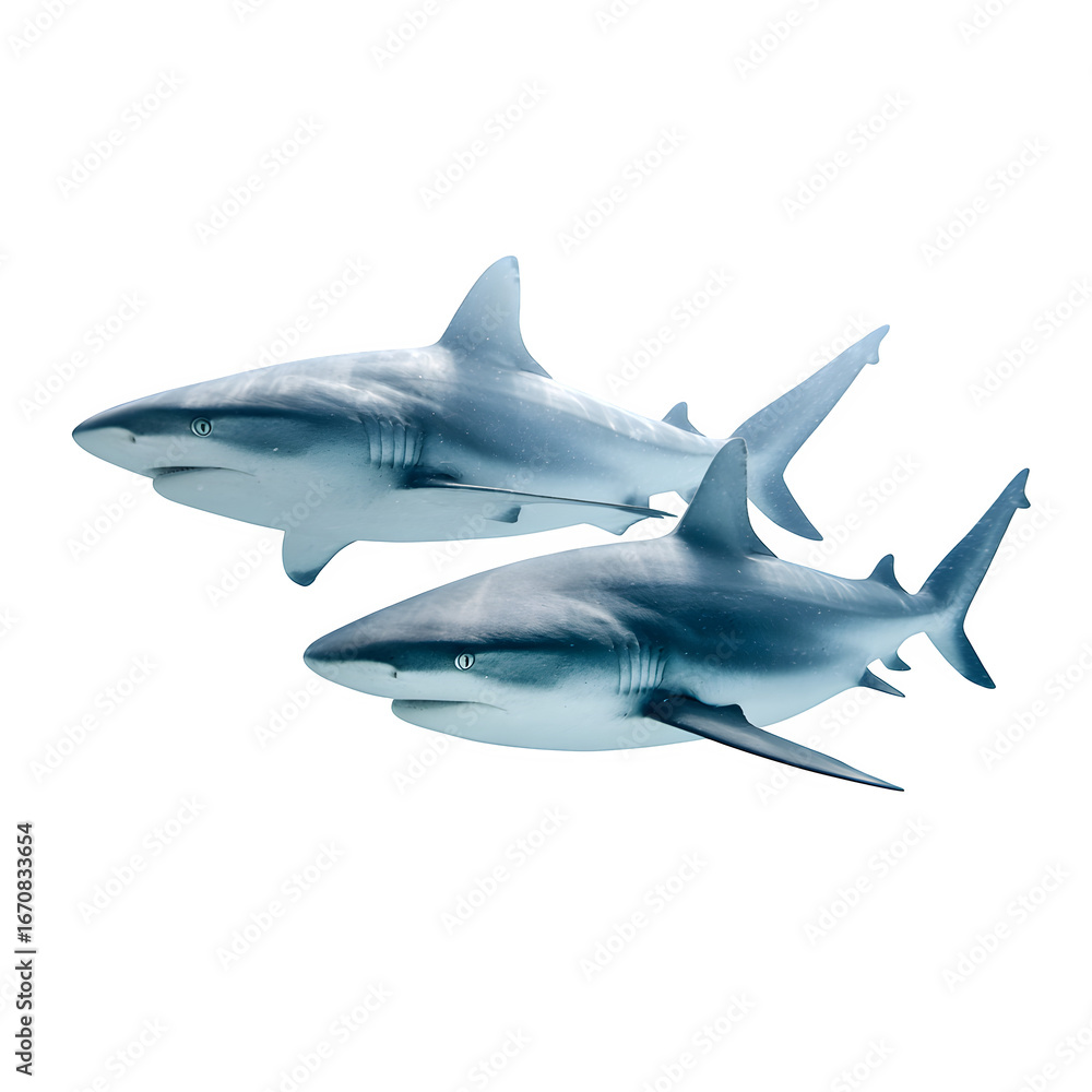 Fototapeta premium Two sleek sharks glide gracefully through the ocean depths, embodying power and mystery.