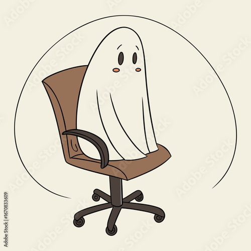 A cartoon ghost sitting in a brown office chair looking surprised