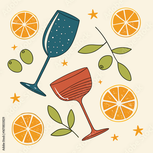 Colorful illustration of wine glasses and oranges with leaves and stars