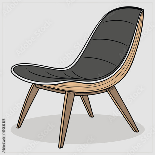 A modern wooden chair with a black cushioned seat and backrest