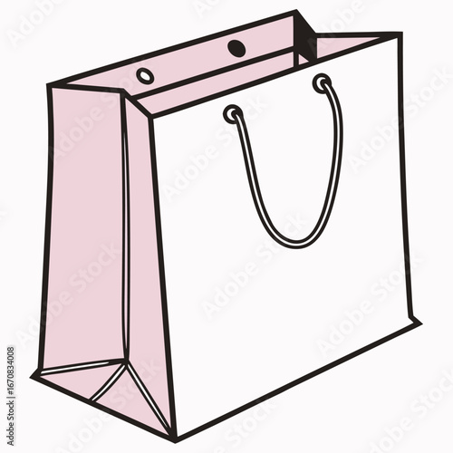 A pink and white shopping bag with handles on a plain background