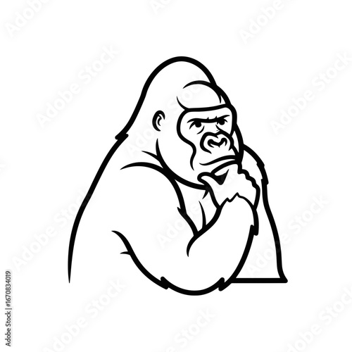 Contemplative Gorilla Icon in Simple Black Outline  