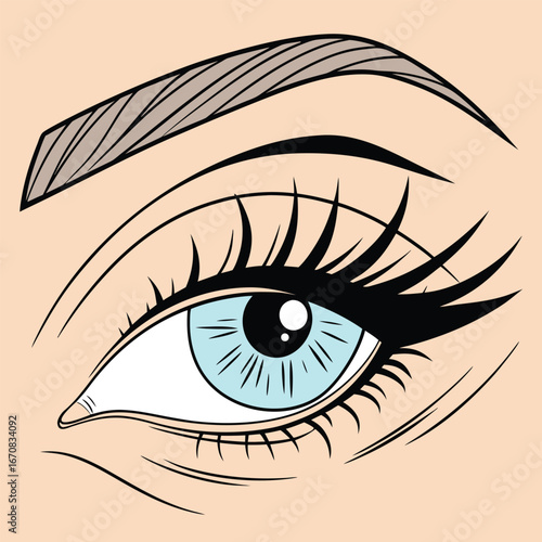 A detailed illustration of a blue eye with long eyelashes and a shaped eyebrow