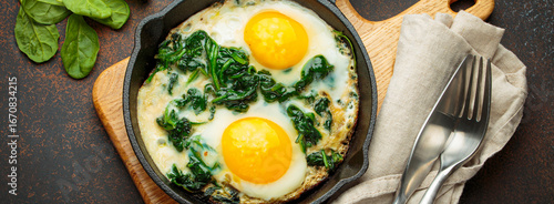 Healthy spinach omelette in a cast iron pan is ready to be served for a nutritious and delicious breakfast or brunch