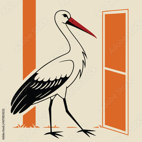 a stork stands near an open door with orange walls