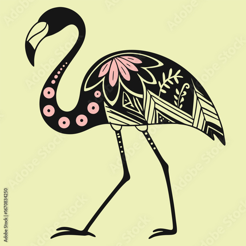 a colorful flamingo illustration with intricate patterns and vibrant hues