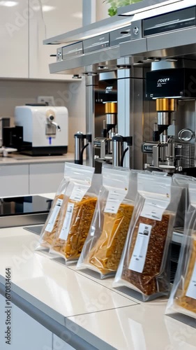 Modern coffee machine display with assorted coffee blends in a sleek kitchen setting