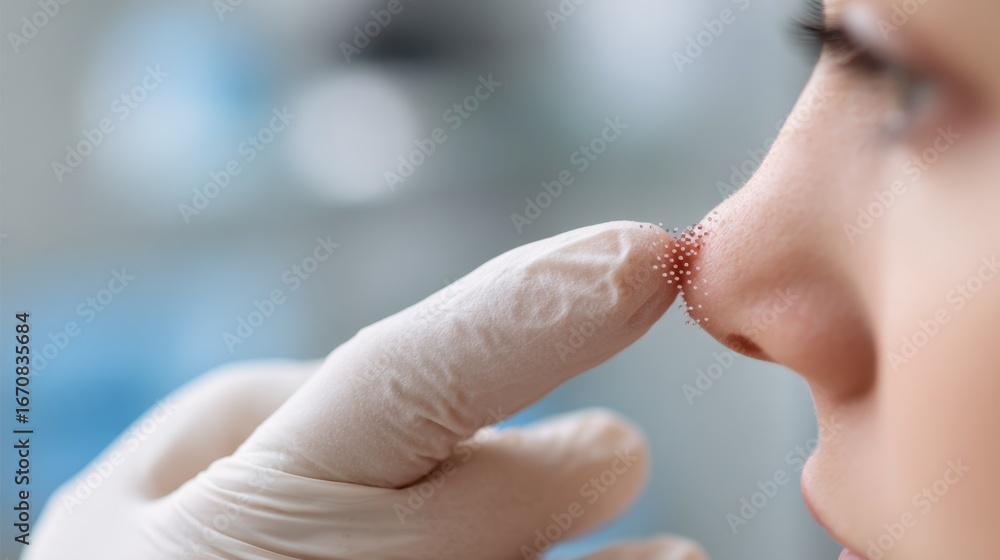 Naklejka premium Focused view of fingerprick site with visible microclot formation patients face and room details blurred emphasizing precise diagnostic procedure.
