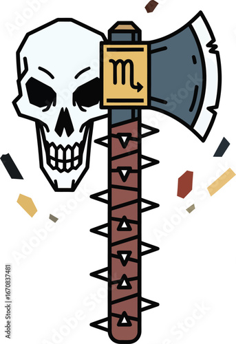 A stylized illustration of a skull and a spiked mace with the Scorpio zodiac symbol.
