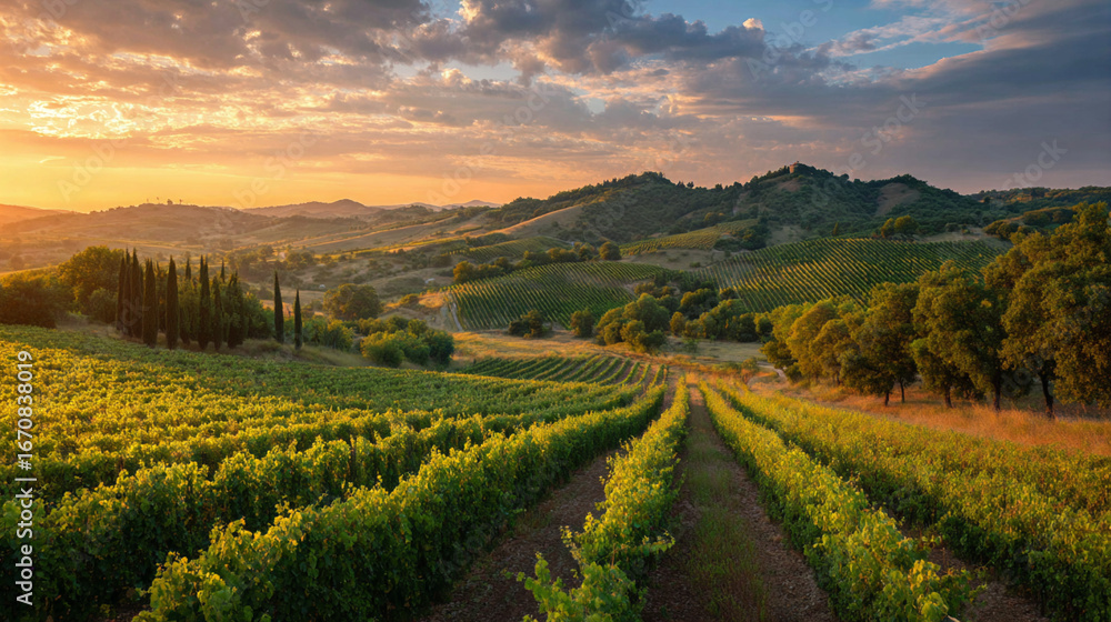 Naklejka premium Vineyards basking in golden sunset light with rolling hills in the background
