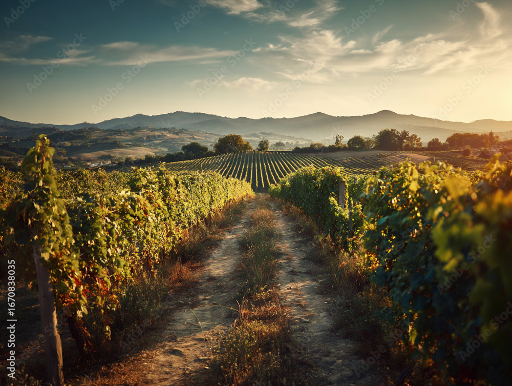 Fototapeta premium Serene vineyard landscape at sunset with rolling hills and lush grapevines