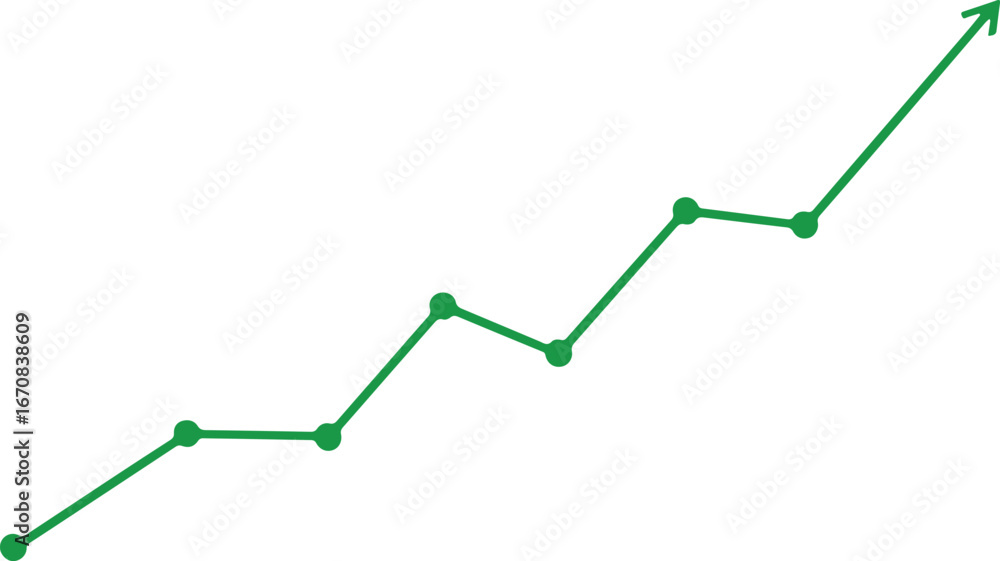 Fototapeta premium green rising line chart with data points, upward trend arrow showing growth and success on white