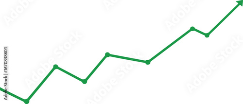 green rising line chart with data points, upward trend arrow showing growth and success on white