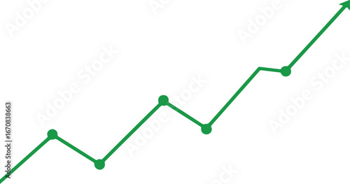 green rising line chart with data points, upward trend arrow showing growth and success on white